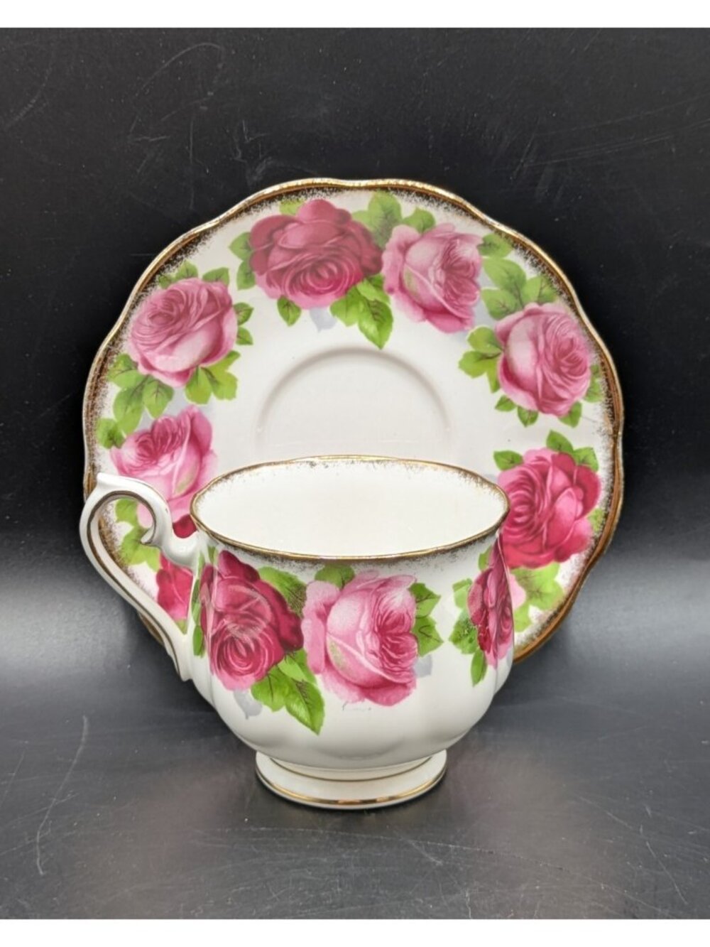 Royal Albert Old English Rose Demitasse Brushed Gold Trim Cup & Saucer Set of 3